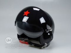 Шлем мотоциклетный черный, блестящий с красной звездой на лбу в стиле пилота STEALTH
